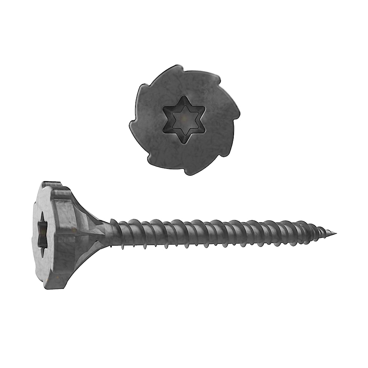 The Go Build #9 x 1-5/8 in. Rock-On Serrated Flat Head Star Drive Cement Board Screws (140/Pack) are shown from side and top views, highlighting their jagged serrated heads, against a white background.